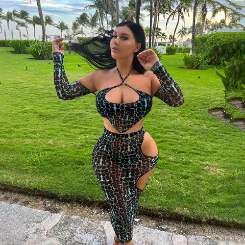 Tie Dye Snake Long Sleeve Off Shoulder Halter Crop Top &