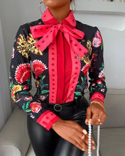 Load image into Gallery viewer, Tie Neck Floral Butterfly Print Long Sleeve Blouse
