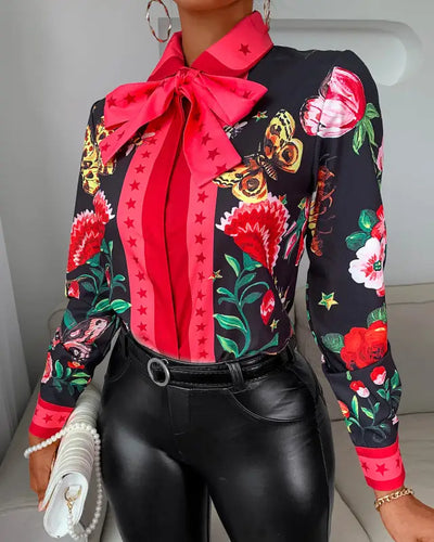 Tie Neck Floral Butterfly Print Long Sleeve Blouse