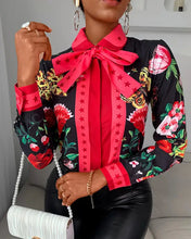 Load image into Gallery viewer, Tie Neck Floral Butterfly Print Long Sleeve Blouse