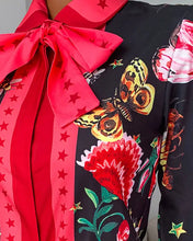 Load image into Gallery viewer, Tie Neck Floral Butterfly Print Long Sleeve Blouse