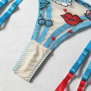 Transparent Embroidery Push Up Bra 3pc Lingerie Set