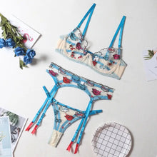 Load image into Gallery viewer, Transparent Embroidery Push Up Bra 3pc Lingerie Set - Blue