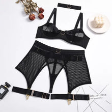 Load image into Gallery viewer, Transparent High Waist 4 Piece Lingerie Set - black / XL