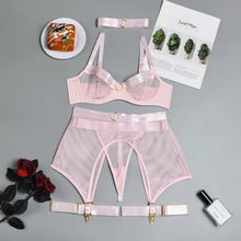 Load image into Gallery viewer, Transparent High Waist 4 Piece Lingerie Set - Pink / XL