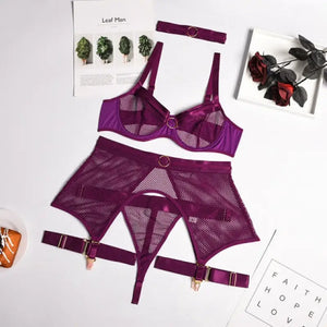 Transparent High Waist 4 Piece Lingerie Set - Purple / XL