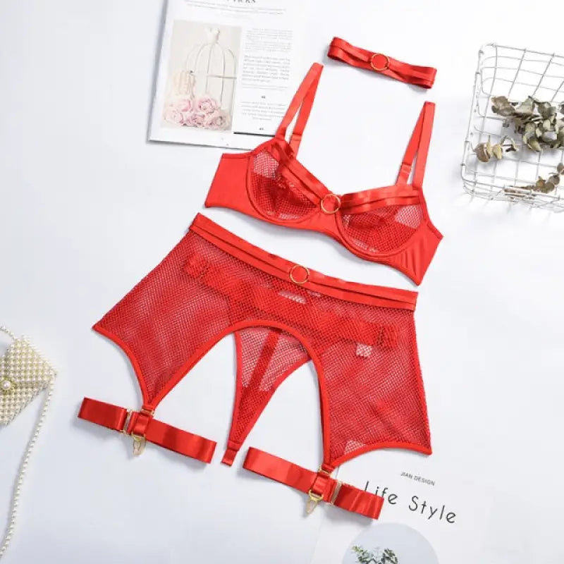 Transparent High Waist 4 Piece Lingerie Set - Red / XL