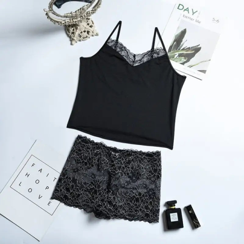 Transparent Lace Spaghetti Strap V Neck Camisole and Shorts