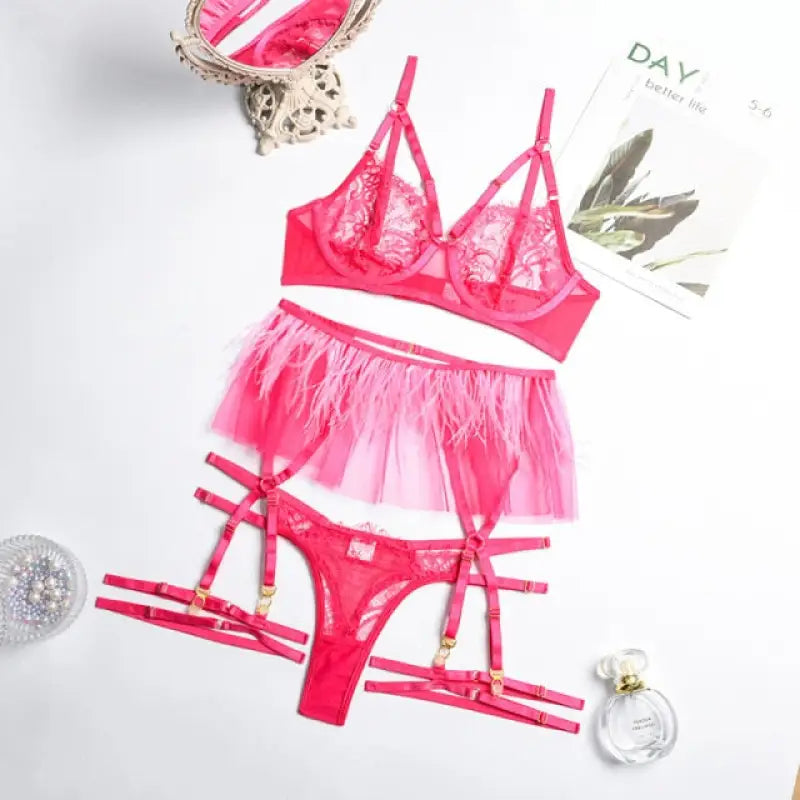 Transparent Mesh Panty and Bra Set with Tassels Garter