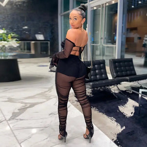 Transparent Mesh Off Shoulder Long Sleeve Crop Top &