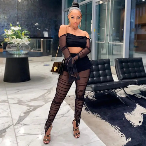 Transparent Mesh Off Shoulder Long Sleeve Crop Top &