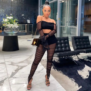 Transparent Mesh Off Shoulder Long Sleeve Crop Top &
