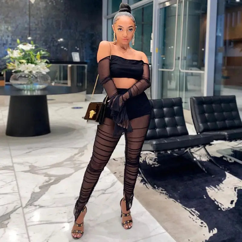 Transparent Mesh Off Shoulder Long Sleeve Crop Top &