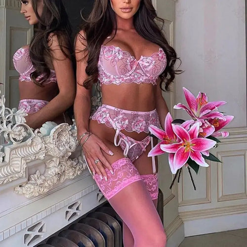 Transparent Pink Lace Floral Embroidery Lingerie Set