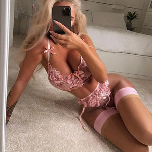 Transparent Pink Lace Floral Embroidery Lingerie Set