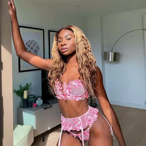 Transparent Pink Lace Floral Embroidery Lingerie Set