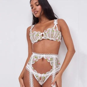 Transparent Push Up Bra Embroidery Floral 3 Piece Set