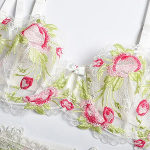 Transparent Push Up Bra Embroidery Floral 3 Piece Set