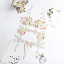 Load image into Gallery viewer, Transparent Push Up Bra Embroidery Floral 3 Piece Set