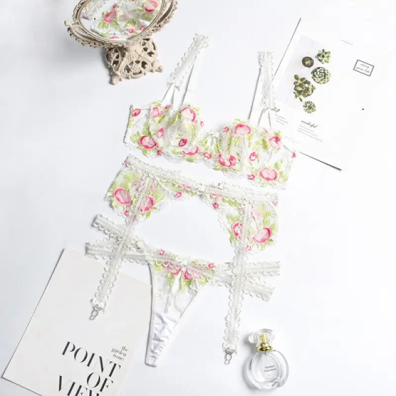 Transparent Push Up Bra Embroidery Floral 3 Piece Set