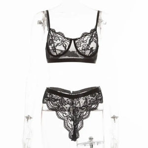 Transparent Underwire Lace Lingerie Set - black / S