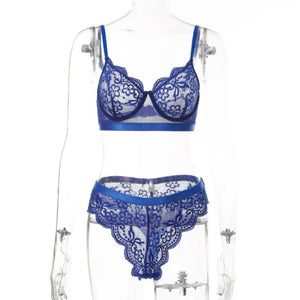 Transparent Underwire Lace Lingerie Set - Blue / S