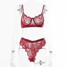 Load image into Gallery viewer, Transparent Underwire Lace Lingerie Set - Burgundy / S