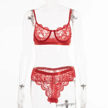 Load image into Gallery viewer, Transparent Underwire Lace Lingerie Set - Red / S