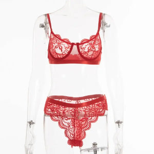 Transparent Underwire Lace Lingerie Set - Red / S