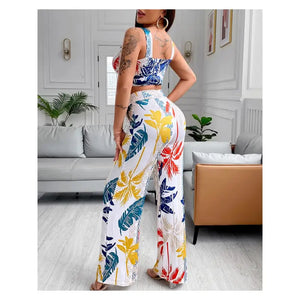 Tropical Print Tank Top & Pocket Design Pants Set