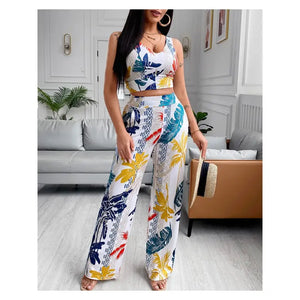 Tropical Print Tank Top & Pocket Design Pants Set