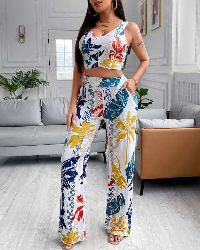 Tropical Print Tank Top & Pocket Design Pants Set - MULTI