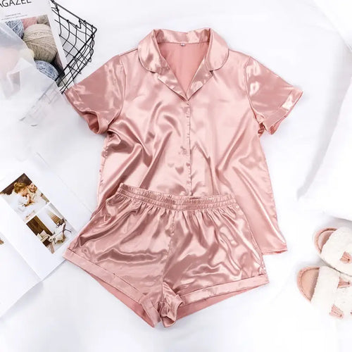 Turn Down Collar Silk Satin Short Sleeve Pajama Set