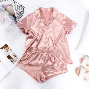 Turn Down Collar Silk Satin Short Sleeve Pajama Set