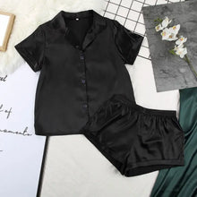 Load image into Gallery viewer, Turn Down Collar Silk Satin Short Sleeve Pajama Set - Black