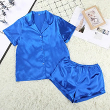 Load image into Gallery viewer, Turn Down Collar Silk Satin Short Sleeve Pajama Set - Blue