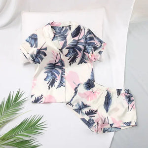 Turn Down Collar Silk Satin Short Sleeve Pajama Set - Blue