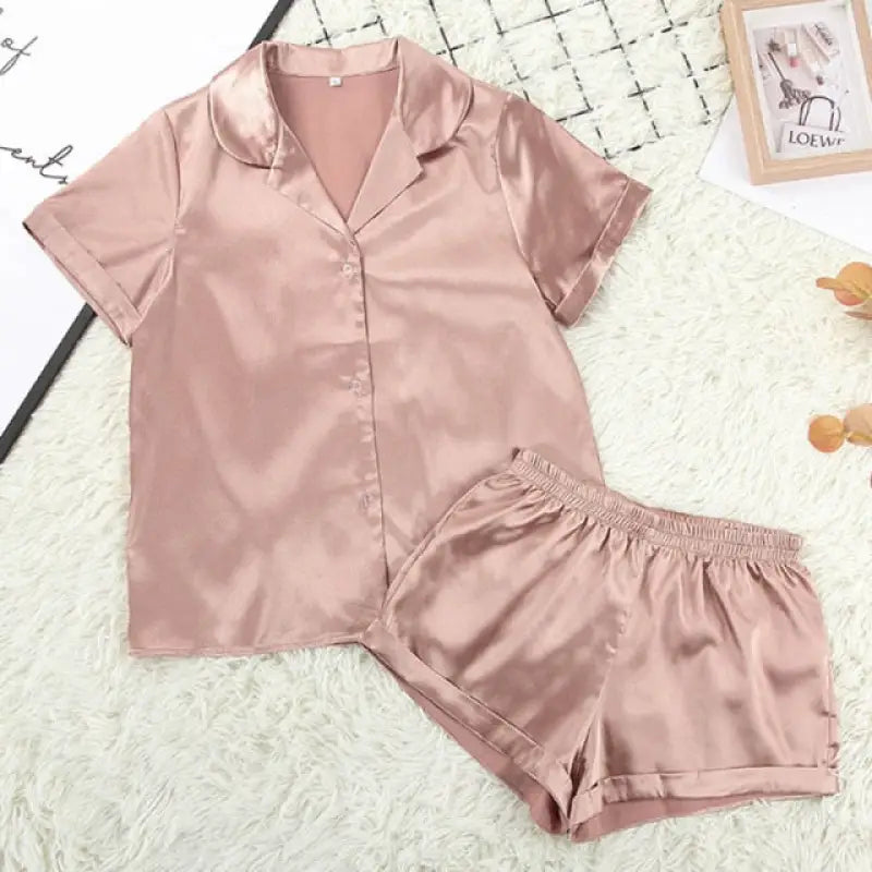 Turn Down Collar Silk Satin Short Sleeve Pajama Set