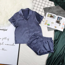 Load image into Gallery viewer, Turn Down Collar Silk Satin Short Sleeve Pajama Set - Dark