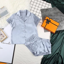 Load image into Gallery viewer, Turn Down Collar Silk Satin Short Sleeve Pajama Set - Gray