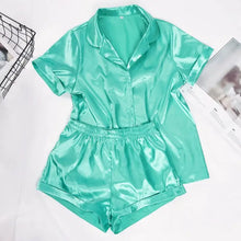 Load image into Gallery viewer, Turn Down Collar Silk Satin Short Sleeve Pajama Set - Green