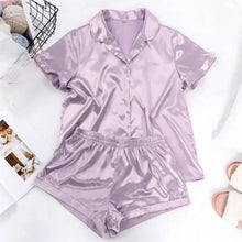 Load image into Gallery viewer, Turn Down Collar Silk Satin Short Sleeve Pajama Set - Light