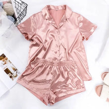 Load image into Gallery viewer, Turn Down Collar Silk Satin Short Sleeve Pajama Set - Pink