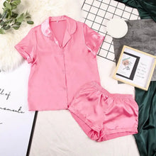 Load image into Gallery viewer, Turn Down Collar Silk Satin Short Sleeve Pajama Set - Pink