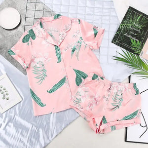 Turn Down Collar Silk Satin Short Sleeve Pajama Set - Pink