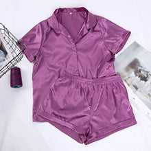 Load image into Gallery viewer, Turn Down Collar Silk Satin Short Sleeve Pajama Set