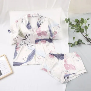 Turn Down Collar Silk Satin Short Sleeve Pajama Set