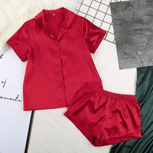 Load image into Gallery viewer, Turn Down Collar Silk Satin Short Sleeve Pajama Set - Red