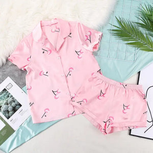 Turn Down Collar Silk Satin Short Sleeve Pajama Set - Sweet