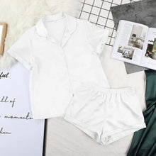 Load image into Gallery viewer, Turn Down Collar Silk Satin Short Sleeve Pajama Set - White